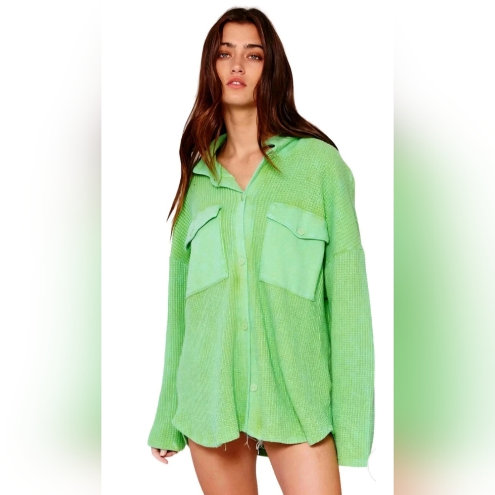 Bucketlist Bright Green Mineral Wash Waffle Knit Thermal Shacket Sz Large
